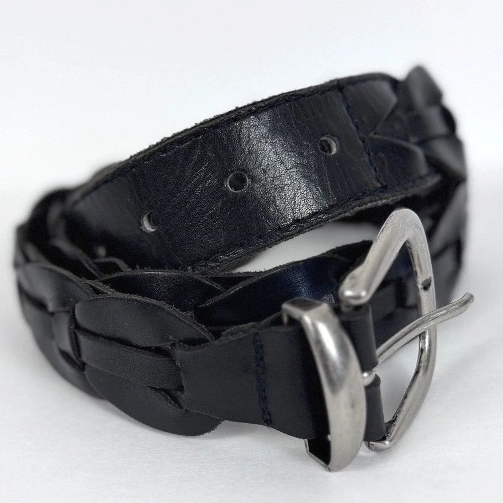 Retro Woven Black Real Leather Belt Mens 34 Preppy Dark Academia
